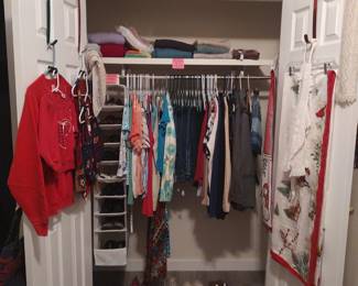 Women's clothing size 8/M, shoes size 8.5, hand knit items, Christmas table cloths/runners