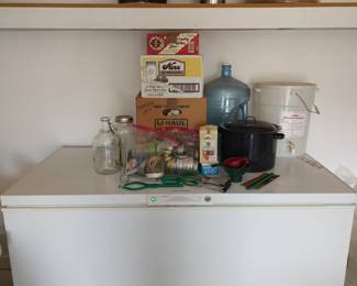 fermenting crock, cream separator, pasteurizer, canning jars & supplies, water jug, beverage dispenser