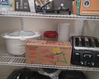 Uuni pizza peels, tortilla maker, large mortar & pestle, mandoline, crockpot, ice tea maker, toaster, electric skillet, Fagor Multi-Use Pot, turkey roasting pan, broiler pan