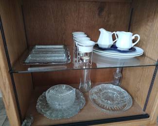 platters, vases, relish trays, clarified butter warmers, Fiestaware tray, ironware pitchers