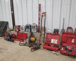 Hilti hammer drill, Milwaukee 1 9/16" SDS Rotary Hammer, work lights, pipe clamps, space heaters, electric chain saw, jack stands, car ramps, 12" Dewalt wood chop saw, Milwaukee drill, Milwaukee saber saw, 2' & 4' levels