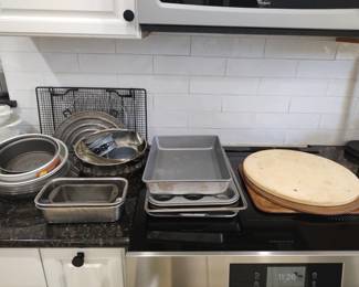 spring form pans, bread pans, muffin pan, baking sheets, stoneware, round cake pans, pie plates, cooling racks