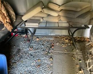 Table with slate tiles, cushions for chairs