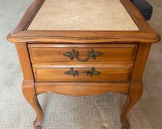French Provencial End Table, Wood w.Marble Top, Drawer - 20.5"W x 26"D x 21"H