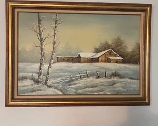 Vintage Oil Painting, H. Barton - "Snowy Barn on the Farm", 42 x 30