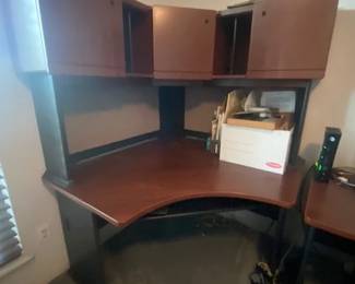 Corner Desk Unit w/Hutch - Cabinets & Shelves, Keyboard Pullout - Bush Series A, Credenza w/3-Drawer File Cabinet Underneath - 47"W x 47"D x 29"H;  Hutch 35"T x 14.5"D;  Credenza - 36"W x 27"D x 29"H
