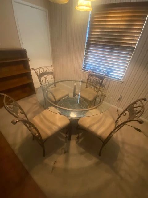 Glass Top Dining Table w/Metal Frame/Legs, 4 Chairs, Mock Tan Suede, 48" Round X 30"H