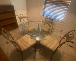 Glass Top Dining Table w/Metal Frame/Legs, 4 Chairs, Mock Tan Suede, 48" Round X 30"H
