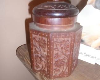 Carved wooden covered jar with lid
