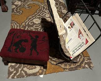 Upholstered Antique Stool and Iron Magazine Rack