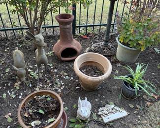 Chiminea, pots, yard art