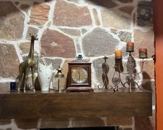 Mantle Clock, Brass Giraffe, Candlesticks