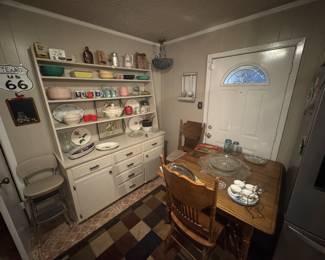 Vintage kitchenware, oak kitchen table, 10 oak chairs, Glass-bake, Pyrex and more