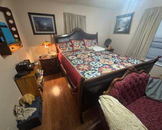 Beautiful King size bed, padded headboard and footboard, clean mattress