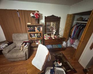 Lazy boy recliner, lawyers bookcase, antique dresser