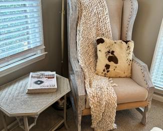Wing back French Couture chair in Belgian linen and burlap, trimmed in nail heads with a weathered oak finish, pristine condition, measures 31 inches wide by 29 inches deep by 50 inches tall, paid $699.
