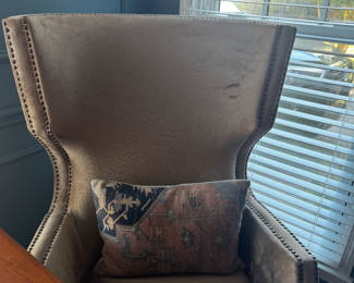 Wing back Chair, taupe cotton velvet with brass nail trim. pd $400
32 inches wide by 46 inches tall.