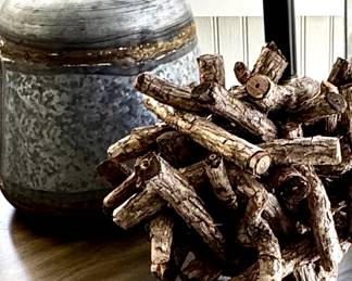 Wood stick decorator orb, metal bottle