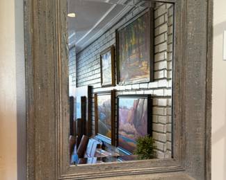 distressed framed mirror, Slate grey Aged Wood Rustic silver gray carved wood, measures 38"Hx28"Wx1"D.