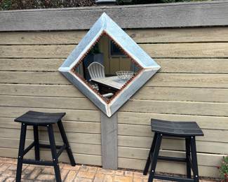Outdoor metal mirror and 2 bar stools, all wood