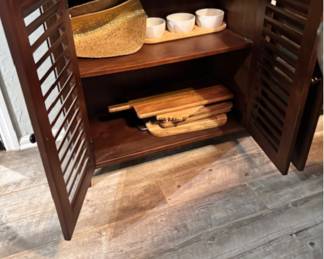 dark pine four door fluted server, entertainment center, credenza, multicolor door panels from Woodstock furniture, 60” x 34“ tall by 14” inches deep. paid $500.