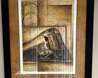 LARGE framed art print of a train locomotive, likely from the "Train of Tomorrow" series by General Motors. measures 34 1/2 inches by 44 inches tall.