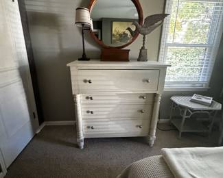 Farmhouse chest painted off-white all wood with four drawers… 43 inches wide by 44 inches tall by 23 inches deep, heavy duty and awesome. Cute lamp and bird.. round mirror not for sale