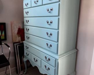 Beautiful teal color high boy with 11 drawers measures 41 inches wide by 76 inches tall by 18 inches deep… Custom painted