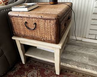 Eclectic trunk table. Trunk removes from the base on this cute little table. wonderful taupe color measures 25 inches long by 19 inches deep by 24 inches tall