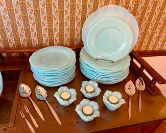13 - 1980's Art Deco style Opaline baby blue glass dinner & side plates and 4 tea