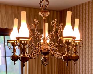 Stunning Vtg. Brass chandelier - baroque/Victorian style w/frosted lamp shades