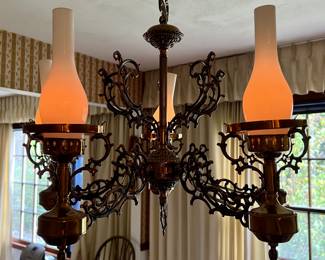 Stunning Vtg. Brass chandelier - baroque/Victorian style w/frosted lamp shades