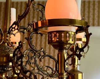 Stunning Vtg. Brass chandelier - baroque/Victorian style w/frosted lamp shades