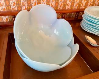 2 - 1980's Art Deco style Opaline baby blue glass serving bowls