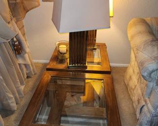 Two end tables - wood and glass