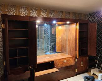 Bed (queen) wall unit with armoires x 2 with shelves, drawers, mirror, lighting, and storage space