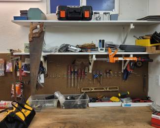 Variety of tools. 
License plates