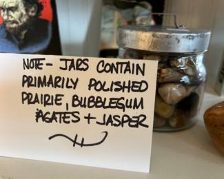 Jars full of primarily polished Prairie, Bubblegum Agates & Jasper