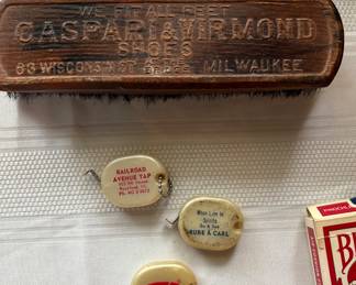 Vtg. Rockford IL * Railroad Tap 9th St., promotional tape measures  Plus--Wooden Shoe Brush "Caspari & Virmond Shoes, Wisconsin St., at the Bridge Milwaukee 
