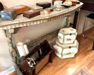 hall sofa table, collection of music boxes