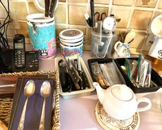 silver plated flatware, knives, teapots, utensils