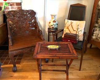 Carved Asian Arm Chair, MCM Leather Chair by Foster & McDavid