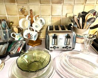 mugs, pyrex, green glass
