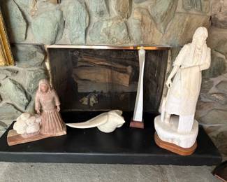 L to R:  Doug Hyde (1946-) Untitled 1978, 17" x 16" x 6"  Kirk Tatom (1955-) 'Skyward Gesture' 6 1/2" x 18" Cliff Fragua (1955-) 1996 UT alabaster, 28"          Orland C. Joe (1958-) 1988 'White Elk Woman', 31 1/2"