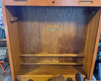 vintage wooden stanley tool chest with roll down top