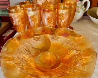 Iridescent Iris & Herringbone Marigold Glass presentation bowl, pitcher and glasses