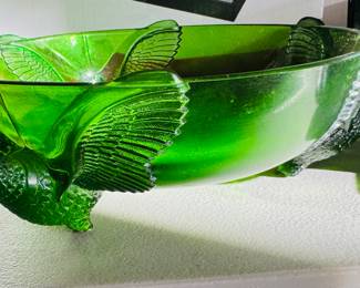 Jeanette Pheasant in Flight Three Footed Green Glass Vintage Bowl 