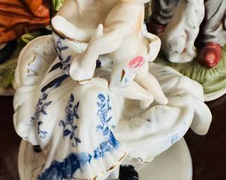 Vintage Arnart Crown KPM Victorian Woman & Child Blue & White Porcelain Figurine