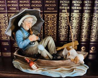 Norleans Ceramic Figurine Old Man Umbrella Dog Rowboat Napping