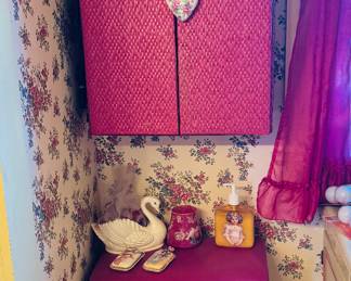 Vintage bathroom, dirty clothes, bin, and cabinet